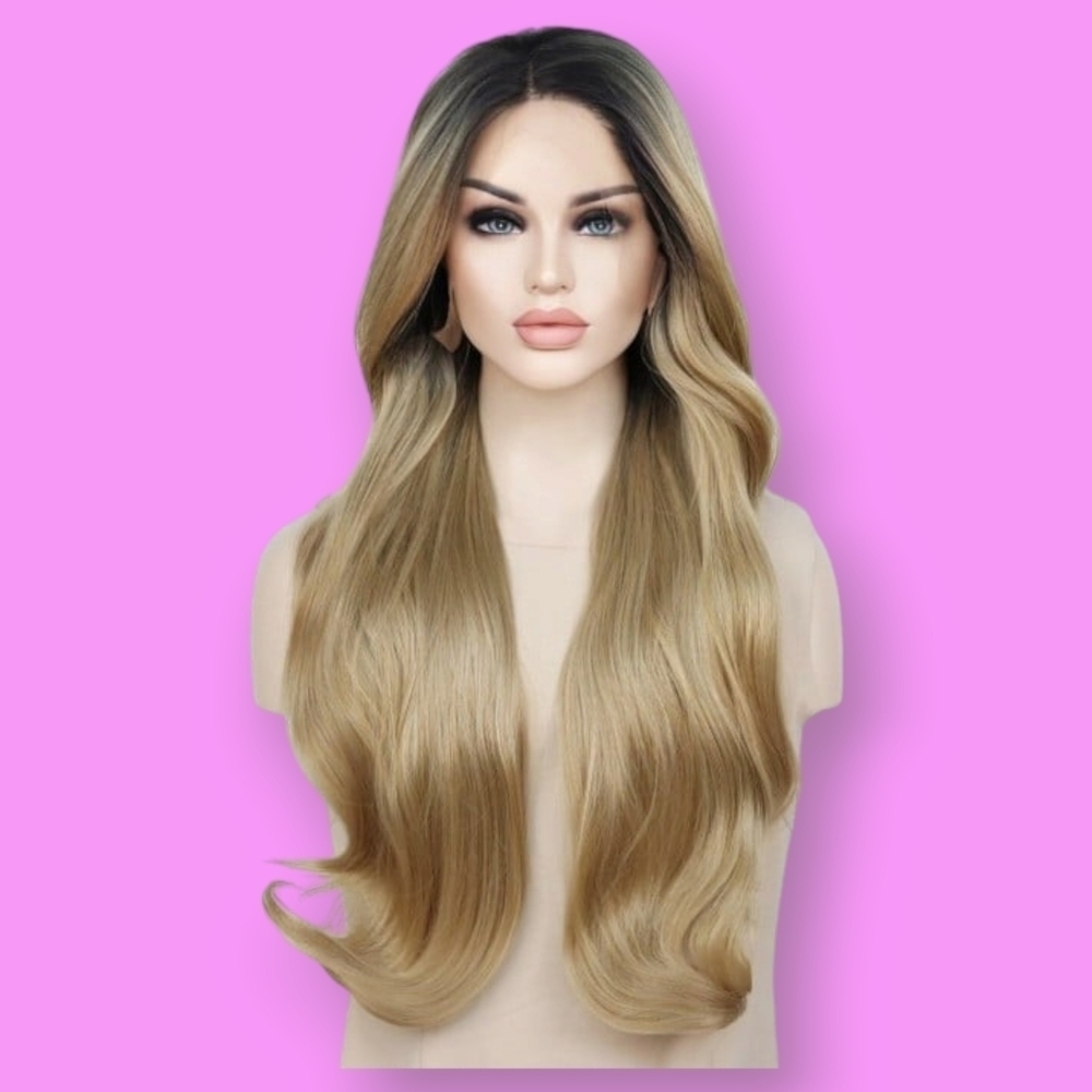 Uniwigs Silk Bow Honey Blonde w/ Shadow Root Wavy Synthetic Lace Front Wig